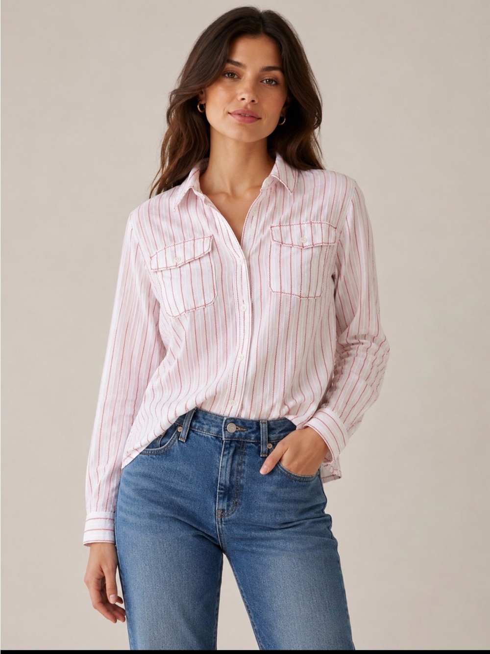 Jones New York White Shirt with Red Pinstripes Size Large